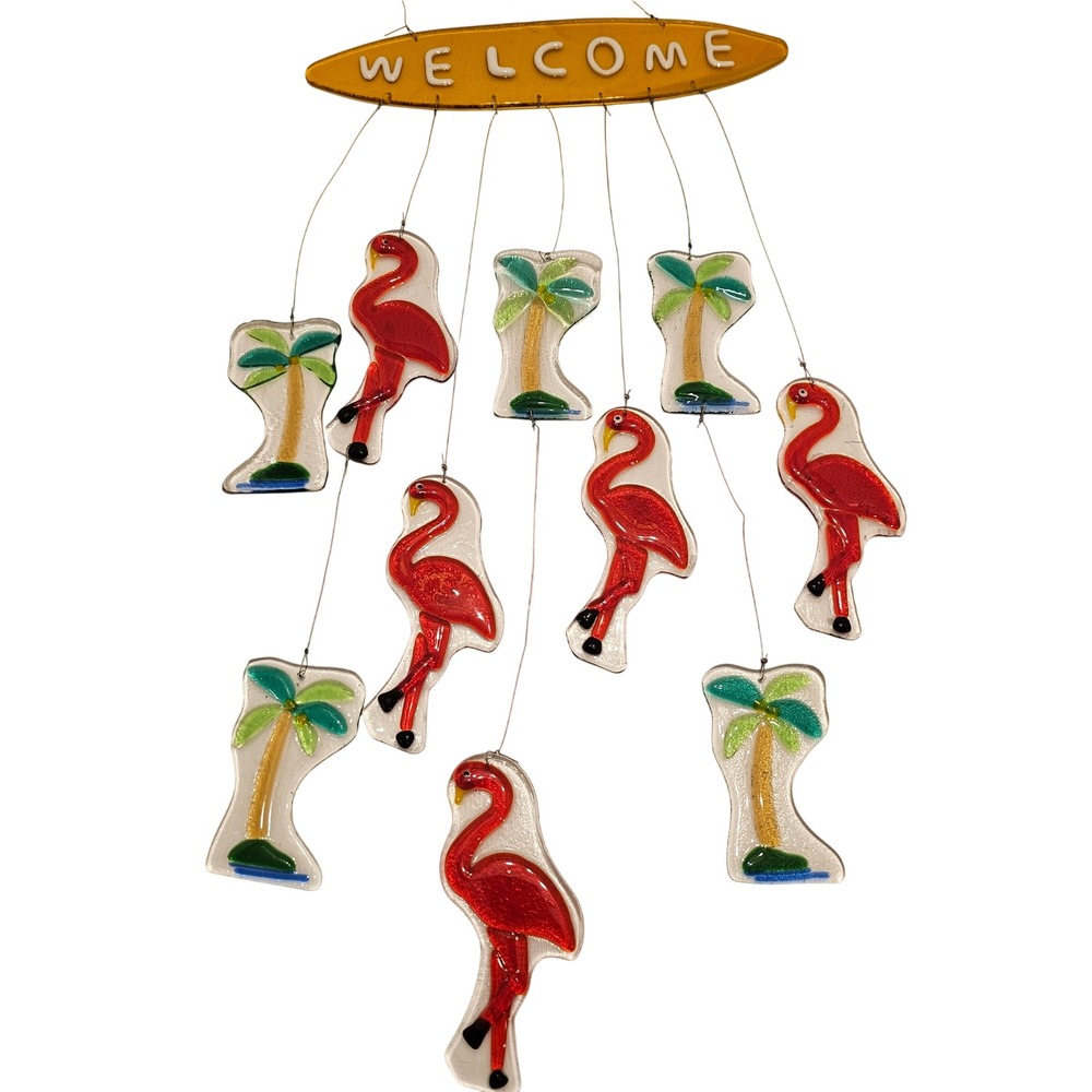 Vintage Fused Glass Flamingo Palm Tree Welcome Surfboard Wind Chime Mobile